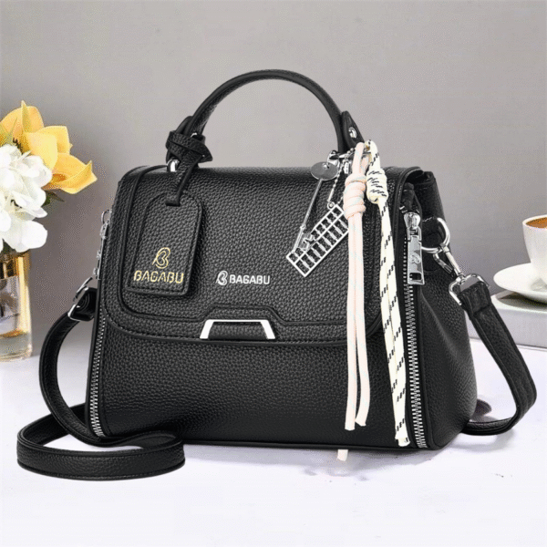 Luxury Dark Black Textured Leather Handbag for Women BB1011